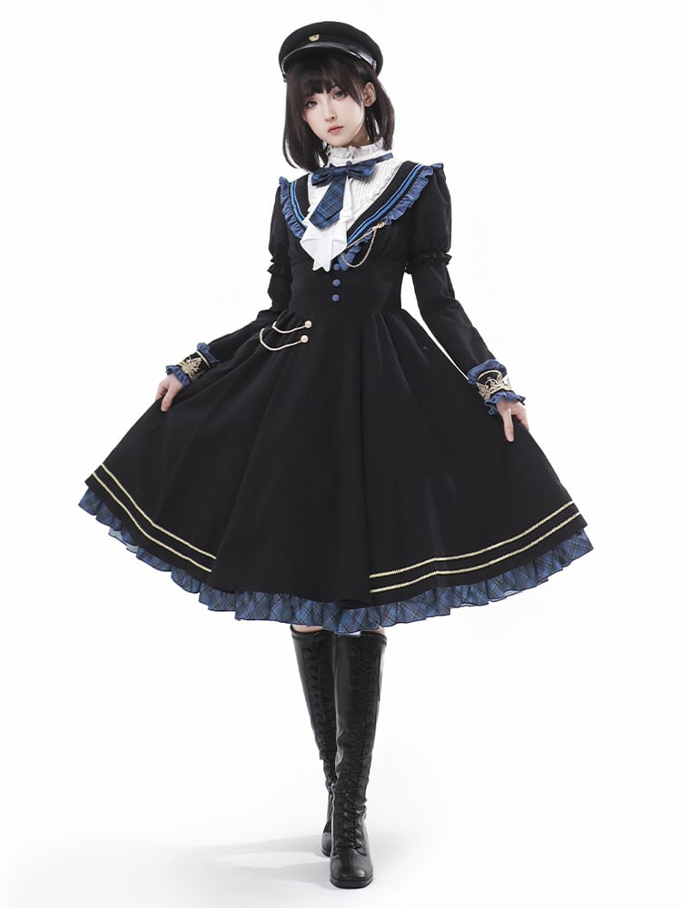 Black Juliette Sleeves Ruffle Neckline Lolita Dress with Blue Ruffles and Plaid Trim