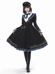 Black Juliette Sleeves Ruffle Neckline Lolita Dress with Blue Ruffles and Plaid Trim