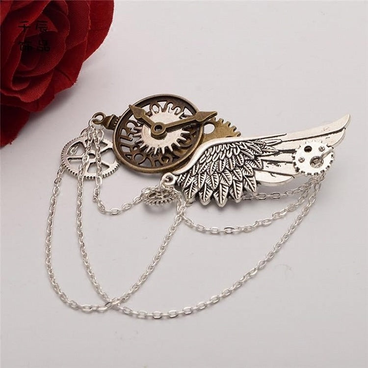 Steampunk Lolita Mechanical Gear Silver Wing Brooch