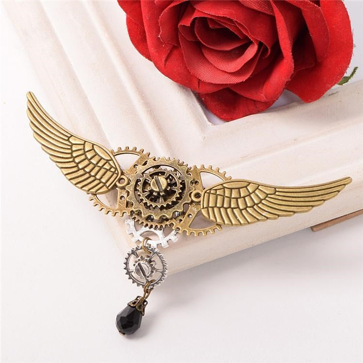 Steampunk Lolita Round Gear Wing Brooch