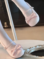 Sweet Lolita PUPink Flat Mary Janes-Round Toewith Top Bow&Heart Buckle
