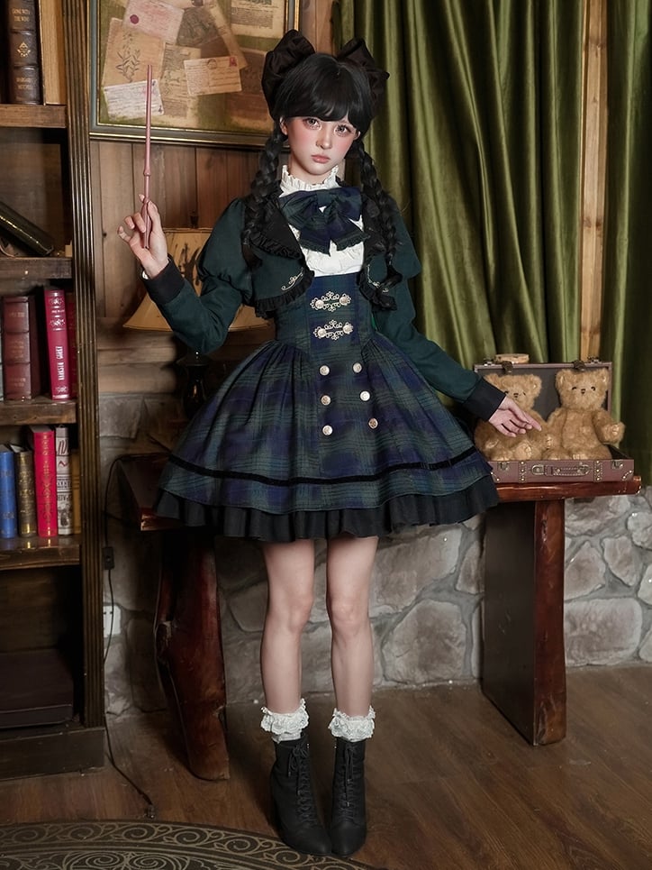Green Preppy Style Lolita Set - Short Version Under Bust JSK + Shirt + Cropped Top