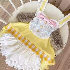Yellow Gingham Sweet Lolita Overall Dress with Puppy Ear Design and Apron Detail