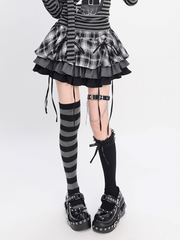 Y2K Plaid Tiered Skirt  Black and White / Black and Red Bowknots Decoration