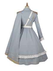 Blue Military Lolita One Shoulder Cape with Golden Trim Fringe Details