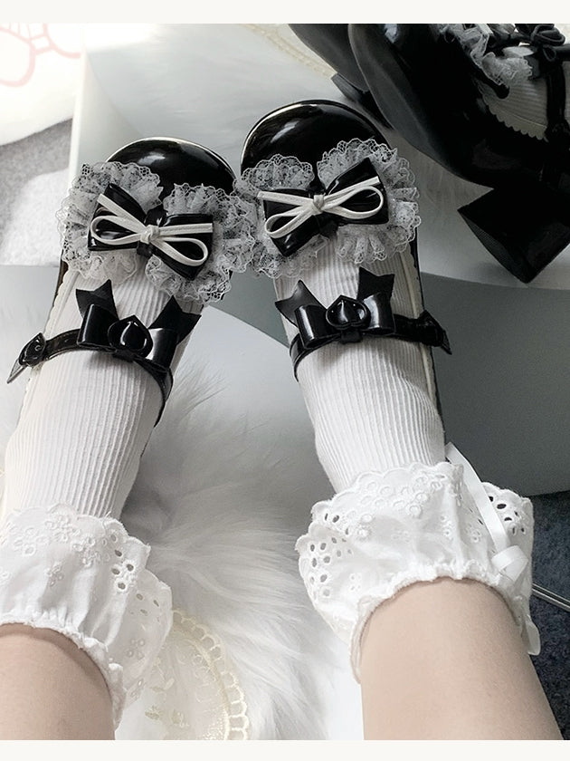 PU Round Toe Black Mid-heel Shoes - Bow at Top & Lace Trim