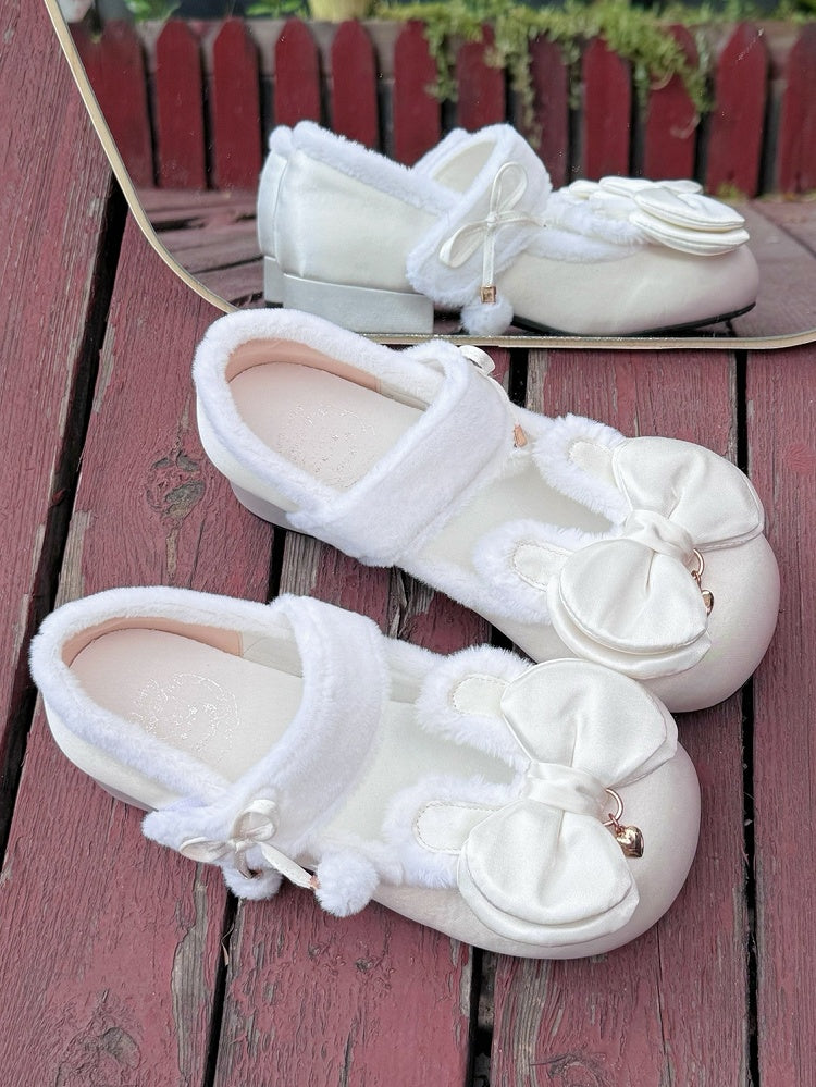 White Sweet Lolita Heart Charm Plush Bunny Ear Bow at Top Round Toe Shoes