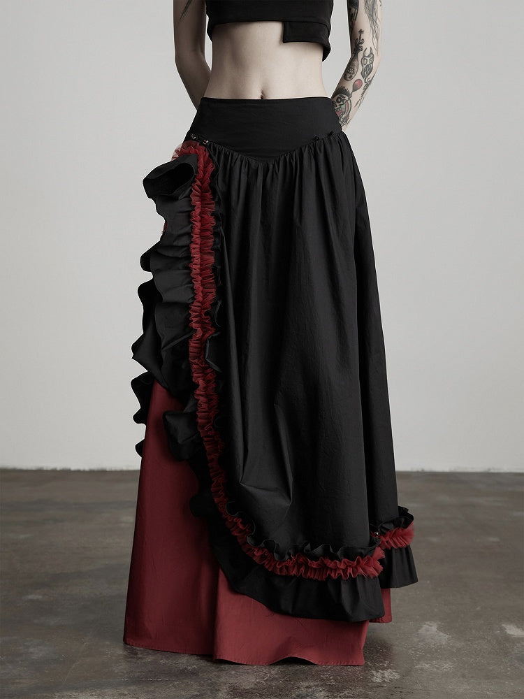 Urban Goth Black & Red Ruffle Maxi Skirt with Button Details