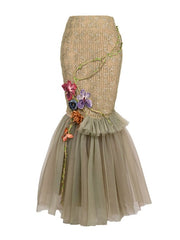 Butterfly and Floral Decorated Green Forest Fairy Goth Double Layers Tulle Hem Mermaid Skirt