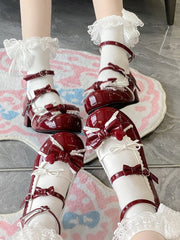 Wine Red Ruffle Trim Decorated Bow at Top 3.5CM Sweet Lolita Block Heel  Mary Janes