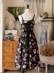 Strawberry Print Black Summer Floral Dress Two Bowknot Pins on Waist