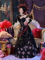 Black & Purple Butterfly Print Off-the-shoulder Lolita Dress+Skirt+Birdcage Petticoat+Hairclips+Necklace+Earrings+Wrist Cuffs Set