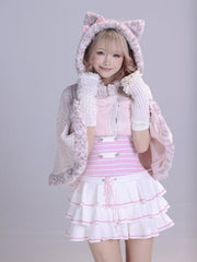 Hime Gyaru Pink Cat Ear Hooded Knit Cape with Leopard Print Faux Fur Trim and Pom-Pom Accents