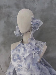 Purple Open Shoulder Fairycore Cascading Ruffle Chiffon Dress