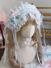 Pink & Blue Lolita Handmade Flower Details Ruffled Hairband