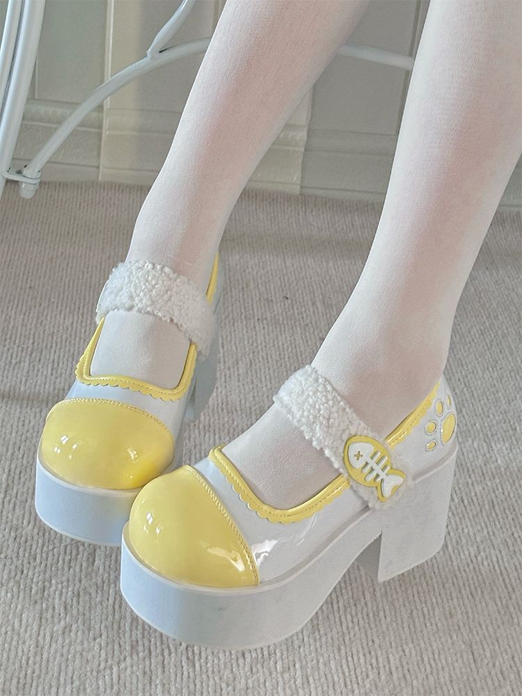 Yellow Jirai Kei Claw Fishbone Design Platform Shoes