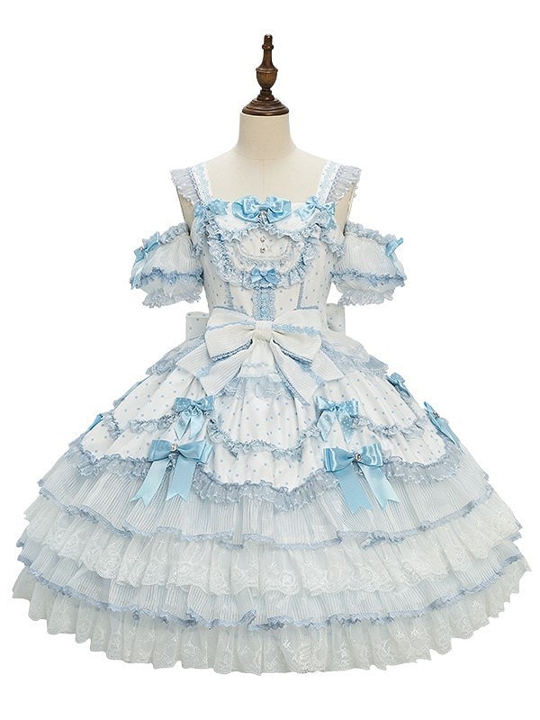 Blue Strawberry Princess Layered Ruffle Dress Sweet Lolita Jumper Skirt with Polka-dot Pattern and Detachable Puff Sleeves