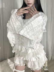 White Lace Trimmed Detachable Bell Sleeves with Elastic Cuff & Six-Layer Tiered Ruffles