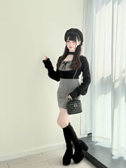 Two-Piece Jirai Kei Set: Refined Gray Slip Dress with Black Underbust Top