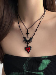 Y2K Bat Double-Layered Necklace With Red Heart Cross Pendant