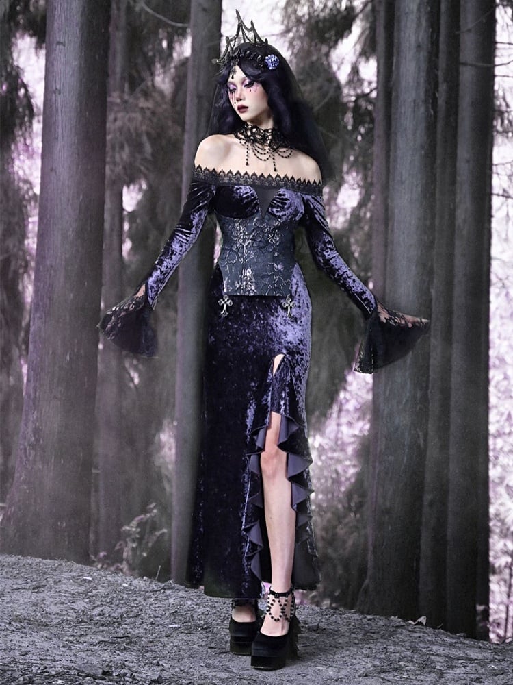 Gothic Purple Velvet High Slit Mermaid Dress