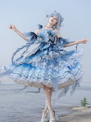 Jellyfish-Inspired Blue Gradient Lolita Dress with Layered Ruffles and Bead Accents Full Set