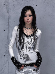 White Punk Rock Top with Heart Pattern & Patch Pocket