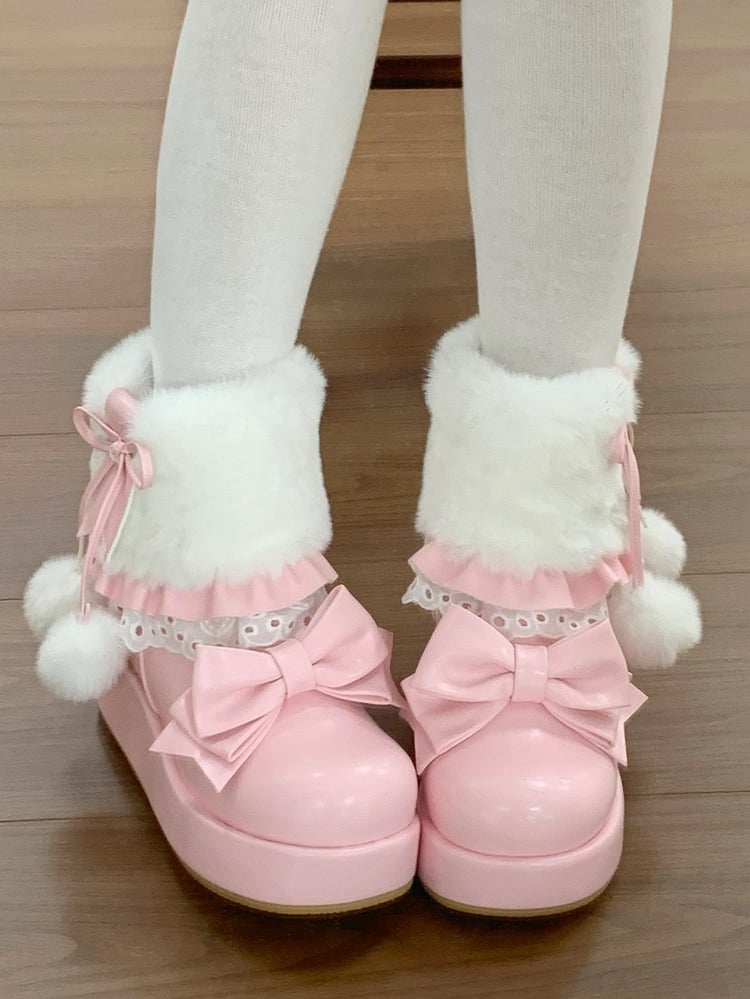 Pompon Embellishment, Bow Accents & Lace Details with Inner Zip PU Baby Pink Platform Boots in Sweet Lolita