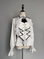 White Gorgeous Jabot with a Blue Rhinestone Brooch