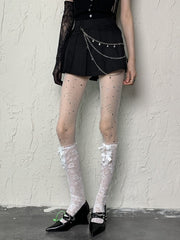 White Y2K Floral Pattern Bowknot Details Semi-sheer Underknee Stockings