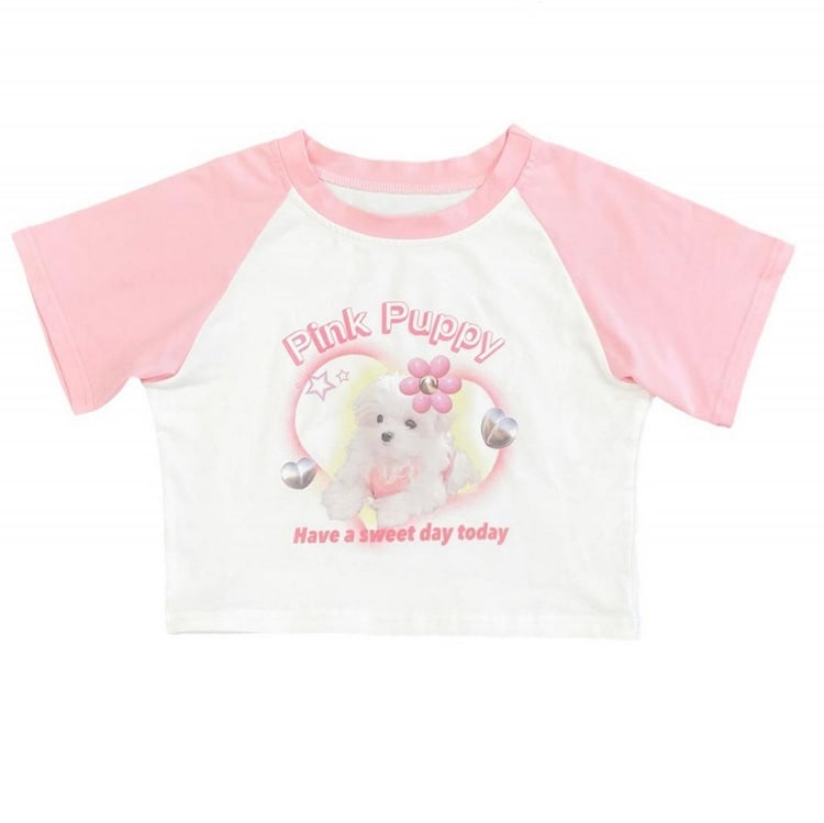 White & Pink Cute Puppy Print Cropped Top