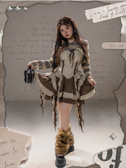 Plus Size Asymmetrical Neckline Wasteland Punk Brown Striped Coverup