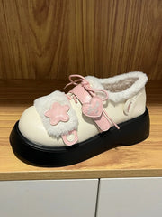Sweet Lolita Winter Cozy Fleece Lining Beige Platforms with Pink Heart & Star Accents Velcro Strap Closures Design
