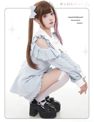 Jirai Kei Gothic Light Blue Coord Set: Pointed Collar Dress with Iris Cross Embroidery, Angel Wing Back & Matching Shorts