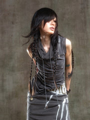 Dark Gray Punk Asymmetrical Drawstring Vest with Zipper Neckline & Cross Charms