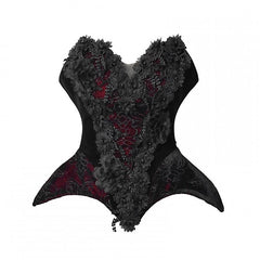 V-neck Vampire Velvet Corset with Organza Flowers and Black Beads