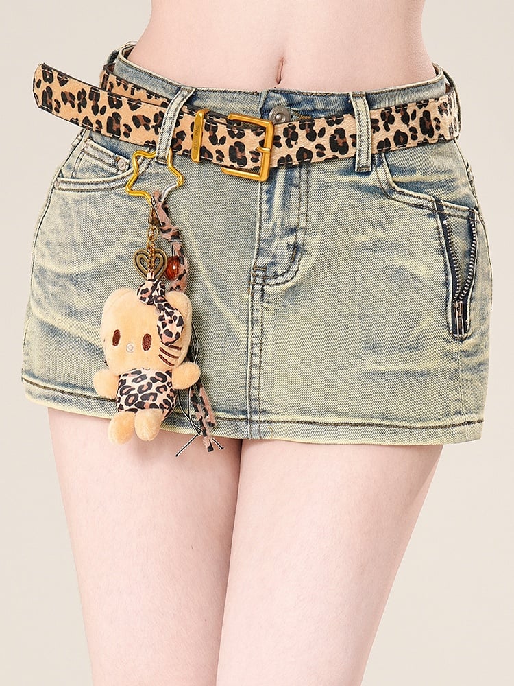 Yellow Gyaru Fashion Glamorous Leopard Pattern Waist Belt with Kitty Charm