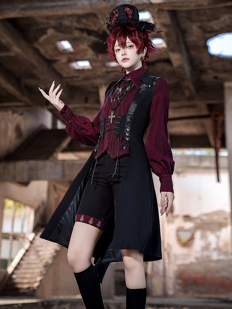 Wine Red Point Collar Pleated and Lace Detailing Placket Triangle Hemline Vampire Ouji Lolita Shirt