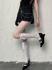 White Y2K Floral Pattern Bowknot Details Semi-sheer Underknee Stockings
