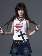 White Punk Star Graffiti Cami Top with Lace & Studded Cross