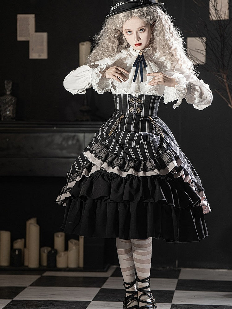 Black & White Striped Corset High-Waist Gothic Lolita Skirt