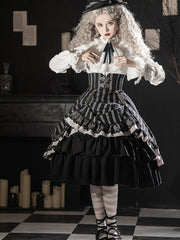 Black & White Striped Corset High-Waist Gothic Lolita Skirt