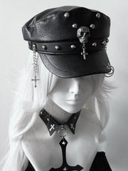 Y2K Black PU Cross Charm Punk Studded Hat