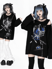 Strawberry&Ribcage Print Topwith Convertible Zip-Shoulder&Hardware Accentsin Black&White/Black&Blue