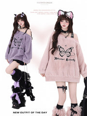 Sweet Butterfly Design Pink Asymmetrical Neckline Cozy Sweatshirt PU Shoulder Strap