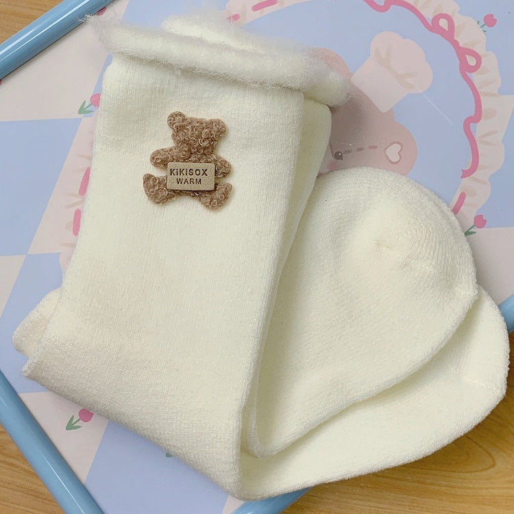 Winter Daily Kawaii White Cuffed Socks with Bear Decor