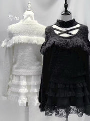 White Sweater with Criss-cross Neckline, Shoulder Cut-outs and Cross Embellishment