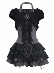 Y2K Black and Gray Three Pieces Set - Short Sleeves Cropped Top+Halter Neck Top+Tiered Skirt