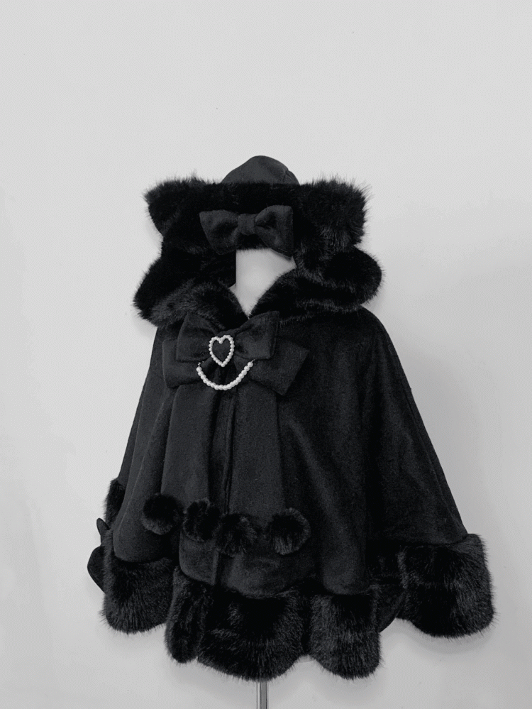 Jirai Kei Black Wool Plush Cape Coat with Kitty-Ears Hood - Fall/Winter Essential