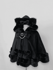Jirai Kei Black Wool Plush Cape Coat with Kitty-Ears Hood - Fall/Winter Essential
